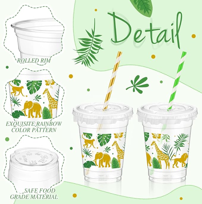 FoldTier 50 Pcs Jungle Safari Animals Cups Disposable Plastic Cup 12 oz Golden Green mugs Thick Wild Theme Clear Mugs Lids Straws Birthday Party Supplies Birthday Party Favor Table Decorations