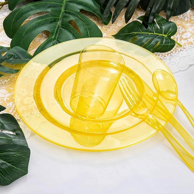 WDF 25 Guest Yellow Plastic Plates -50 Neon Clear Yellow Plates 25Forks, 25Knives,25 Spoons,25Cups for Summer