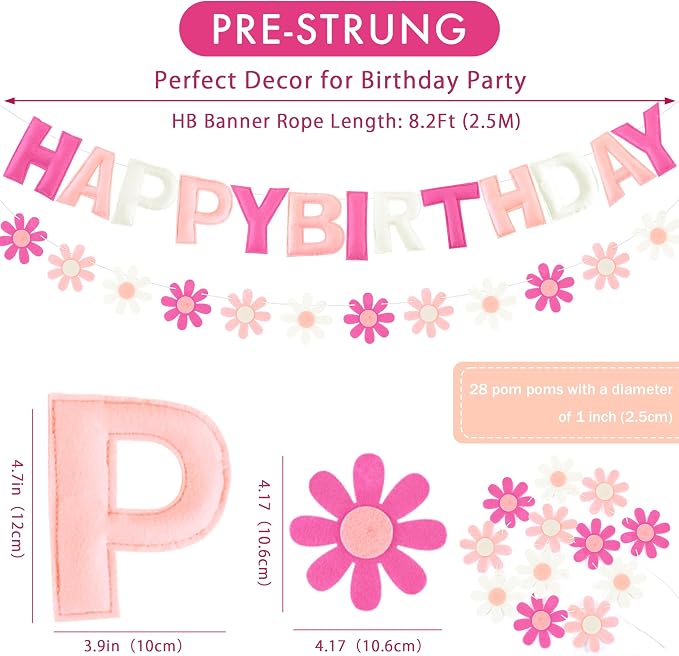 CANREVEL Pre-Strung 3D Happy Birthday Banner, 3 PCS Happy Birthday Felt Garland, Pom Pom Garland, Triangle Fabric Garland Bunting, Reusable Birthday Decorations for Women Men Girls Boys, Pink Flower