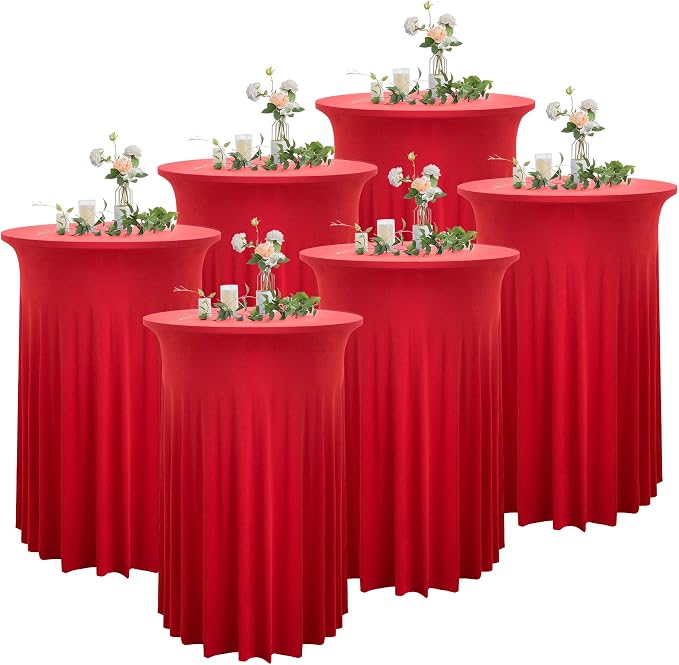 6 Pack Red Round High Top Table Cloth 3243 Inch, Wrinkle Free Stretch Spandex Highboy Tablecloths With Skirt for Cocktail Party Banquet Birthday Bar