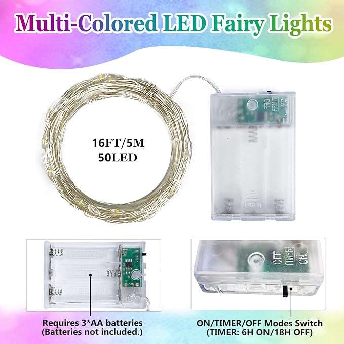 2-Pack Multicolor Fairy Lights Battery Operated with Timer, 16FT 50 LED String Lights Outdoor Indoor, Twinkle Lights Waterproof for Bedroom Wedding Birthday Christmas Parties Centerpiece (Multicolor)