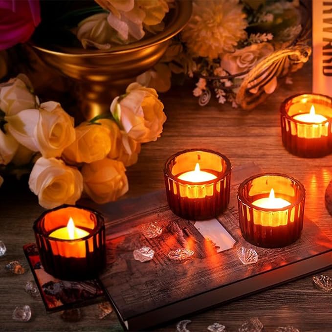 GOLDEAL Amber Tealight Candle Holder,Set of 24 Thick Glass,Tea Light Holders Bulk,Votive Candle Holders,for Wedding Table Decor,Party Supplies,Bridal/Baby Shower Decorations,Centerpieces for Tables
