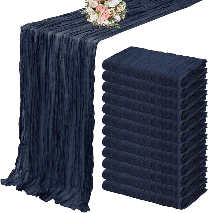 12 Pack Cheesecloth Table Runner 35 x 120 inch Long Boho Cheese Cloth Gauze Table Runners Semi Sheer Table Runner for Wedding Decor, Bridal Shower, Birthday Party (Navy Blue)