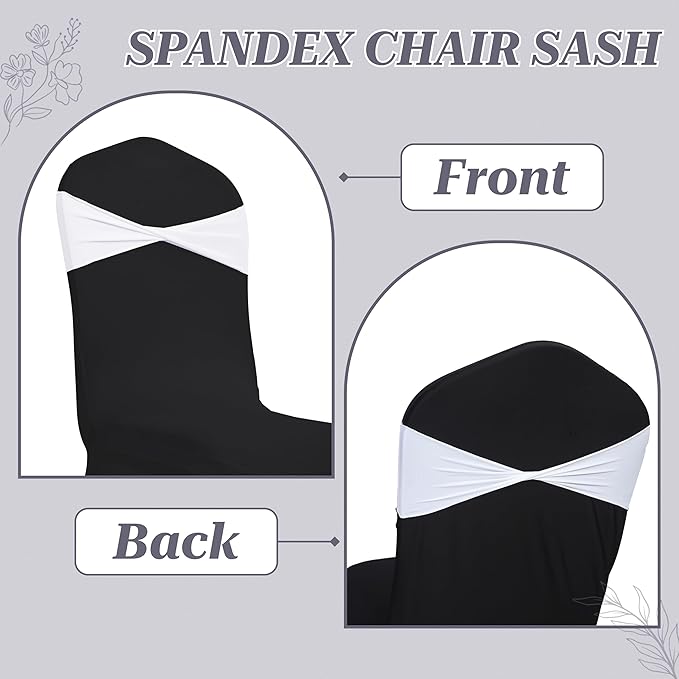 MDS Pack of 50 Spandex Chair Sashes Bows Elastic Stretch Dining Chair Bands Ties Without Slider Buckle Universal fits for Wedding Baby Shower Birthday Party Banquet Event Decoration - White