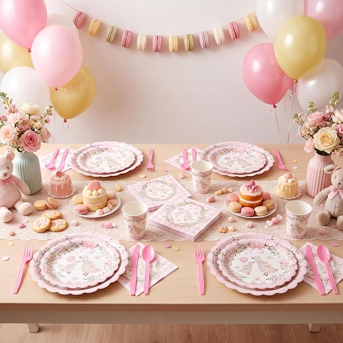 Zhehao 350 Pcs One Silly Goose Birthday Party Tableware Set Scalloped Pink Floral Baby Shower Plates Cup Napkins Forks for Birthday Party Decorations Supplies for 50 Guests