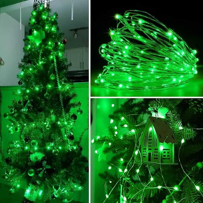 YEGUO 4 Pack Halloween Solar Fairy Lights, Each 33ft 100 LED Green Christmas Lights Outdoor Waterproof, 8 Modes Sliver Wire Solar String Lights