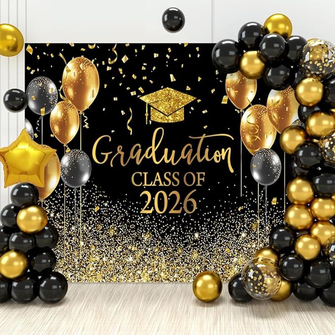 DASHAN 10x8ft Graduation Decorations Backdrop Black Gold Congrats Grad Class of 2026 Backdrop for Photography Graduation Ceremony Party Supplies Background Cake Table Banner Decor Photo Booth Props