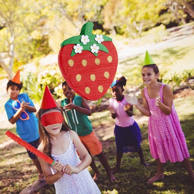 Wernnsai Red Strawberry Piñata For Kids - Strawberry Baby Shower Piñata Strawberry Birthday Party Decorations Summer Fruit Themed Party Game Supplies With Bat Blindfold 16.5" × 11.6" ×3"