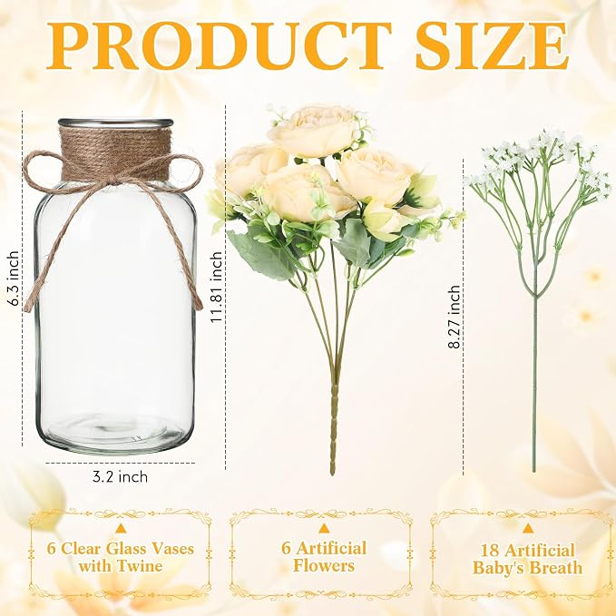 Zeyune 6 Sets Mason Jar Table Centerpiece with Artificial Peony Baby's Breath Flower Centerpieces Faux Flowers with Rope for Wedding Reception Engagement Bridal Shower Rustic Table Decor(Champagne)