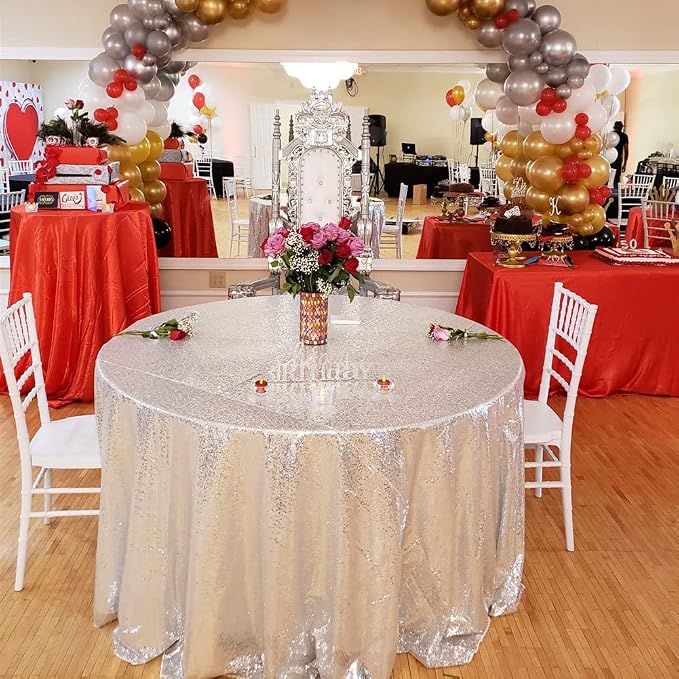 Poise3EHome 120 Inch Round Silver Sequin Tablecloth for Party Cake Dessert Table Exhibition Events