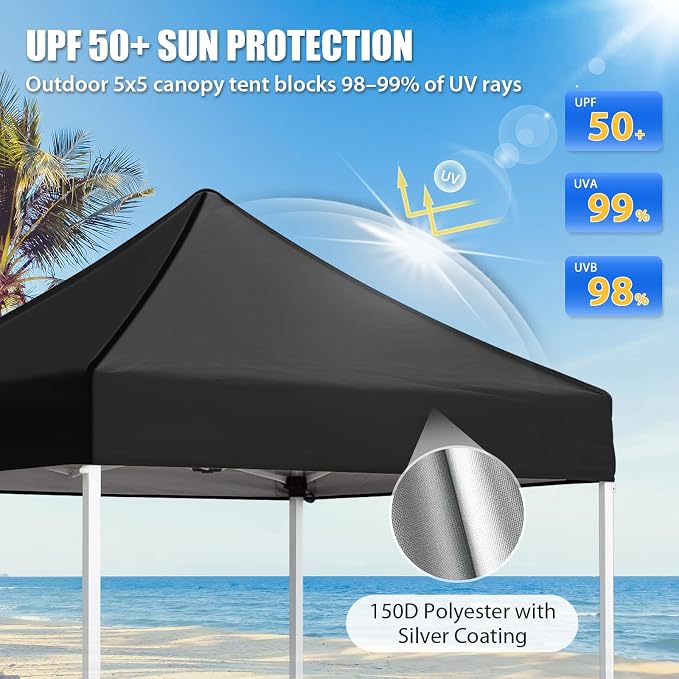EAGLE PEAK 5x5 Pop Up Canopy Tent Instant Outdoor Canopy Easy Set-up Straight Leg Folding Shelter, Black