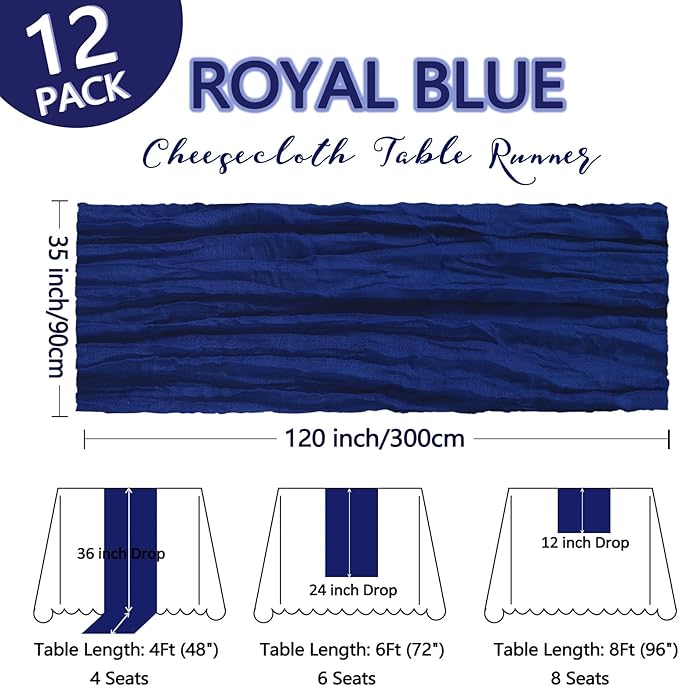 12 Pack Royal Blue Cheesecloth Table Runner 10Ft Gauze Cheese Cloth Table Runner 35x120 Inch Boho Sheer Rustic Fabric Runner for Decor Bridal Baby Shower Wedding Centerpiece Home Table Decoration