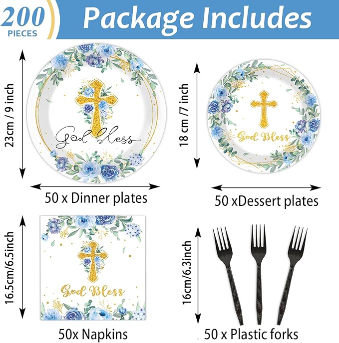 200pcs God Bless Plates Napkins Baptism Paper Tableware Set First Holy Communion Cake Dessert Disposable Dinnerware Blue Floral Party Decoration for Christening Birthday Decor Supplies Serves 50