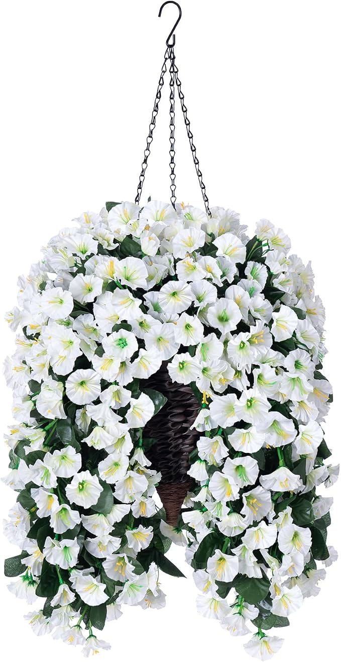 Artificial Fake Flowers Plants Hanging Baskets for Outdoor Outside Decor, Faux Silk Hanging White Morning Glory Trailing Vines UV Resistant for Porch Patio Home Decoration
