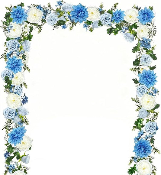 2PCS Peony Flower Garland, 6' Each, Silk Flower Garlands, Rose Flower Vine for Wedding Arch Party Home Table Runner Mantle Decoration(Blue and White)