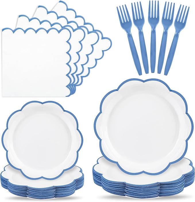 96 Pcs Blue and White Paper Plates and Napkins Set, Tableware set for 24 Guest include White Dessert Plates with Blue Scalloped Edge, Napkins and Forks for Baby Boy Shower, Bridal Shower, Wedding