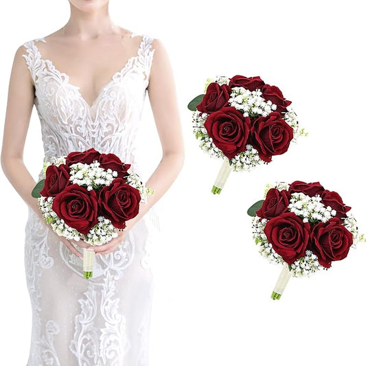 Artificial Bridesmaid Bouquets Set of 2 - Wedding Bouquet Silk Burgundy Rose White Babys Breath 7 Inch Flower Bride Bouquet for Wedding Bridal Shower Centerpiece Ceremony Anniversary Decorations