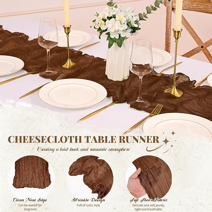 Pesonlook 12 Pack Cheesecloth Table Runner,Brown Table Runner Long Romantic Semi Sheer Rustic Boho Gauze Table Runners for Wedding Bridal Shower Birthday Party Decorations(17.7×108 Inch)