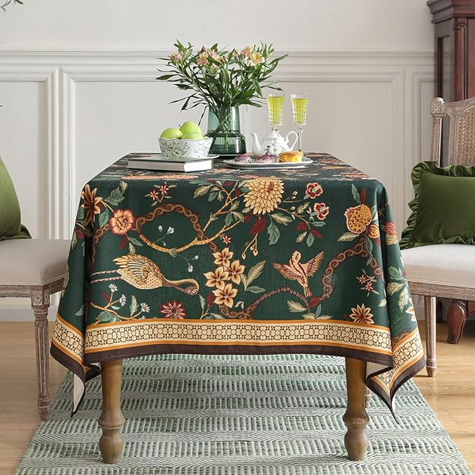 ISAENNE Designer Linen Green Square Small Tablecloth,55"x55"-Mitchell | Vintage Elegant Table Cloth for Square Table,Floral and Bird Pattern,Heavyweight,Dining Room,Kitchen,Thanksgiving,Decor