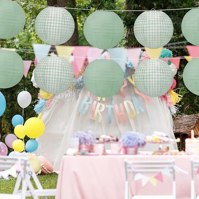 Honoson 12 Pcs Green Gingham Paper Lanterns Decoration10 Inch White and Sage Green Checkered Plaid Round Chinese Hanging Lanterns for Baby Boy Shower Wedding Birthday Picnic BBQ Decoration