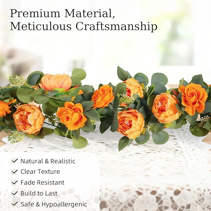 Lewondr Artificial Eucalyptus Garland with Flower - 8 Rose 8 Peony, 2Pcs 13FT Faux Floral Greenery Garlands Fake Flowers Vines, Maintenance-Free for Table Shelf Backdrop Party Room Decor, Orange
