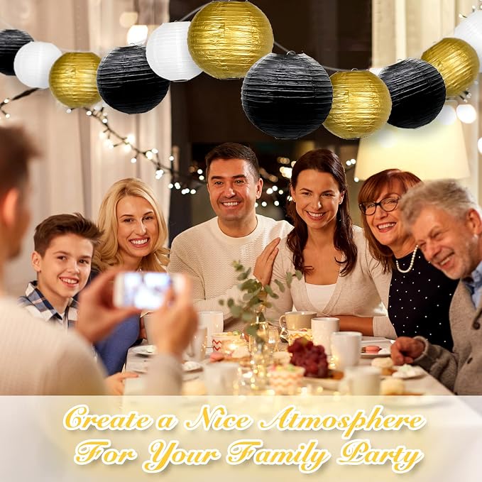 Paper Lanterns Decorative, Black Gold Chinese Paper Lanterns Ceiling Party Decorations with Lights for Graduation Anniversary Engagements New Years Eve Party 2026，14pcs