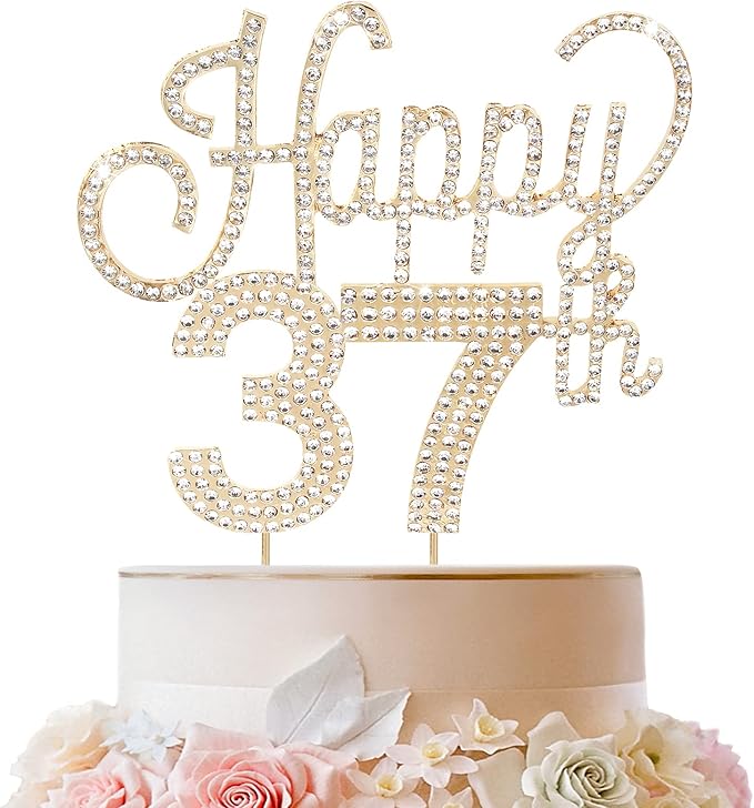 LINGTEER Happy 37th Birthday Gold Rhinestone Cake Topper - Cheers to 37th Birthday 37 Years Old Anniversary Party Cake Centerpieces Topper Decorations Gift Sign.