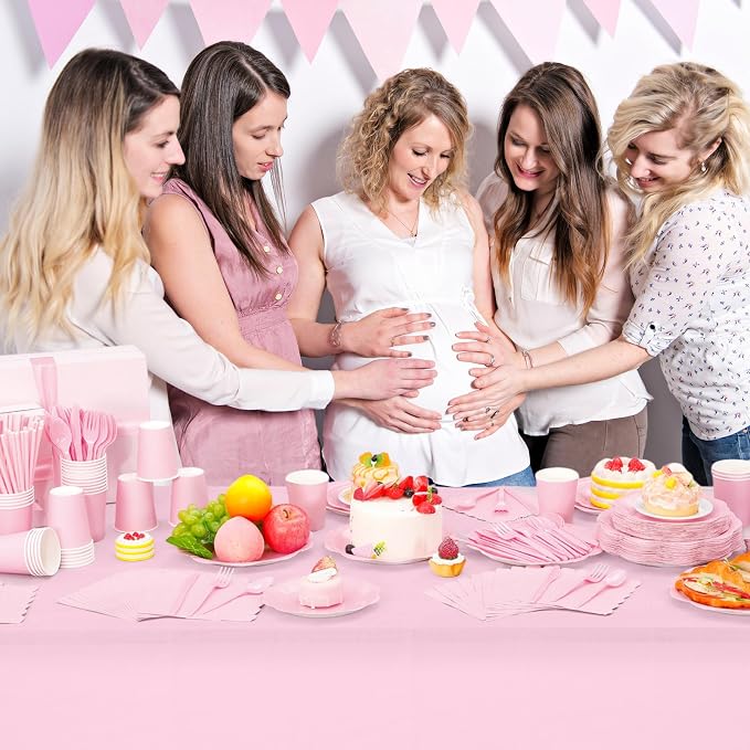 Funnymoom 452 Pcs Pink Party Supplies for 50 Guests, Light Pink Scalloped Paper Plates Napkins Cups Plastic Tablecloth Cutlery Straws for Baby Bridal Shower, Birthday Wedding Party Decoration
