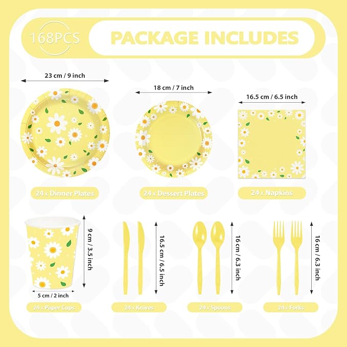 168Pcs Daisy Birthday Decoration Yellow Daisy Plates and Napkins Spring Summer Yellow Flower Tableware Set for Birthday Baby Shower Bridal Shower Wedding Party Supplies, Serves 24