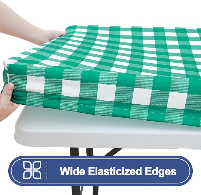 Smiry Picnic Table Cloth 4 Pack, Waterproof Elastic Fitted Tablecloths for 24x48 Rectangle Tables, Washable Polyester Buffalo Plaid Tablecloth for Camping, Dining & Outdoor (Green & White, 24" x 48")