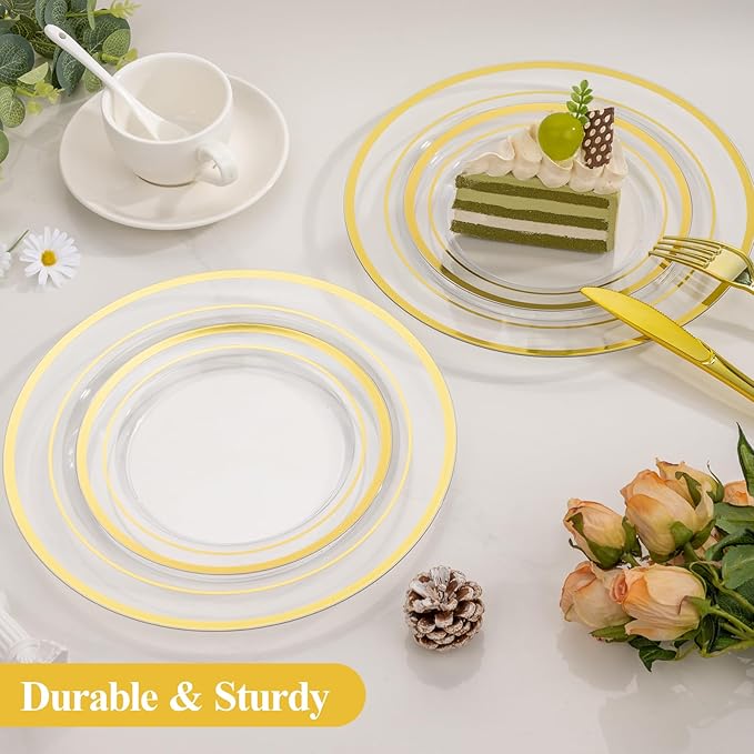 Goodluck 200PCS Clear Gold Plastic Plates, Heavy Duty Disposable Clear Plates with 100 10.25 inch Dinner Plates and 100 7.5 inch Dessert Plates for Party, Holiday, Wedding