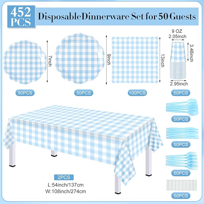 Funnymoom 452 Pcs Blue Gingham Party Supplies for 50 Guests Include White and Blue Checkered Paper Plates Napkins Cups Tablecloth Cutlery Straws for Birthday Baby Shower Wedding Party Decorations