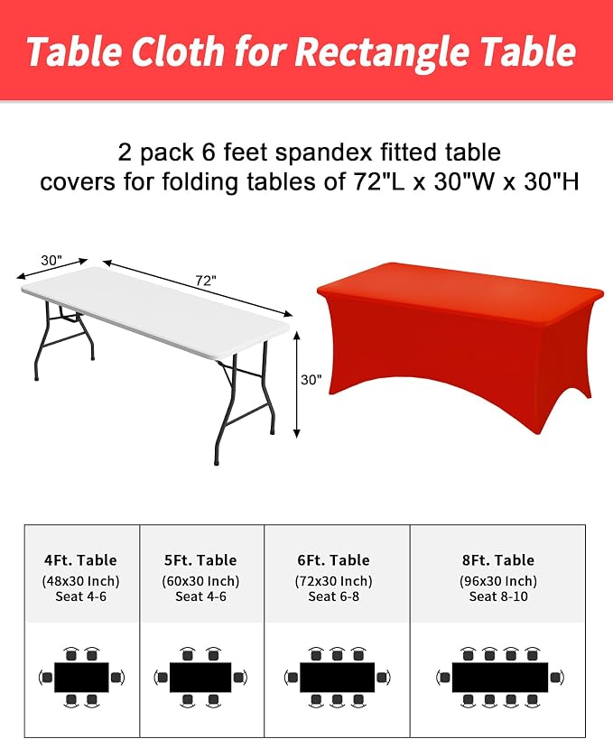 Fixwal Red Stretch Table Cloth Rectangle 2 Pack 6Ft, Spandex Fitted Table Covers Washable for Party, Trade Show, Banquet, Wedding, Buffet
