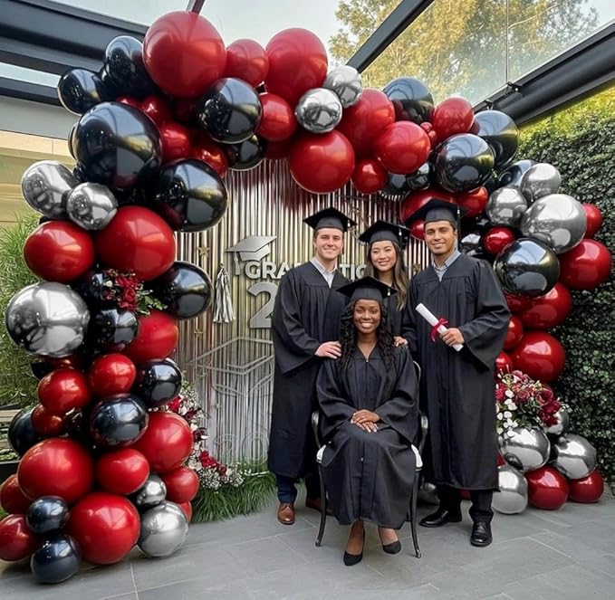 Red Black Balloon Arch, Double Stuffed Dark Ruby Red Black Silver Balloon Garland Kit Burgundy Maroon Balloons for Birthday Wedding Valentines Day Baby Shower Engagement Graduation Party Decor
