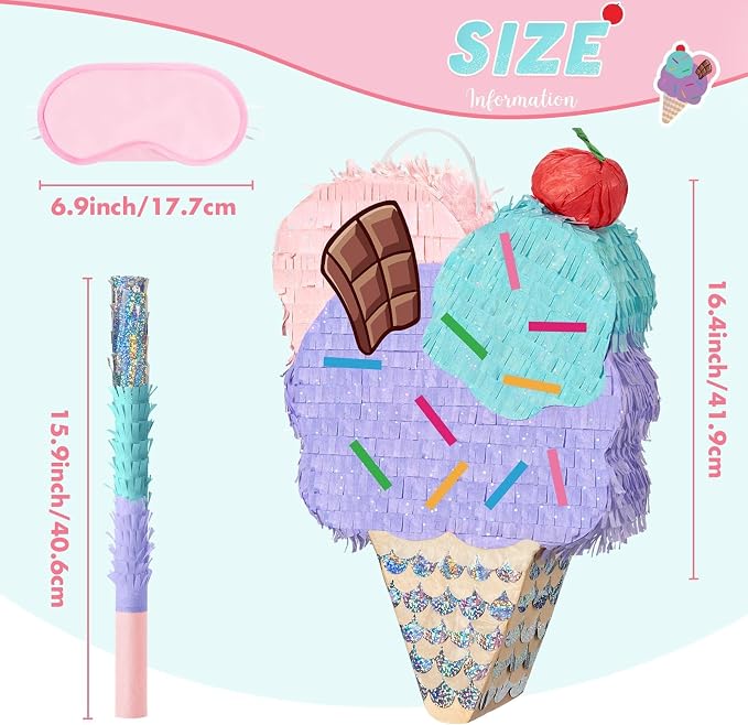 WERNNSAI Ice Cream Piñata - Summer Ice Cream Party Decorations for Kids Girls Birthday Pink Piñata Game Candyland Sweet Theme Party favors supplies with Bat Blindfold