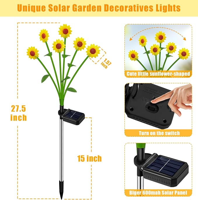 EDOF Solar Lights Outdoor Waterproof Sunflowers Garden Decor,4 Packs with 24 Sunflower Lights,Birthday Gifts for Women Mom,Solar Decorative Garden Stakes for Outside Yard Lawn Patio Porch Decorations