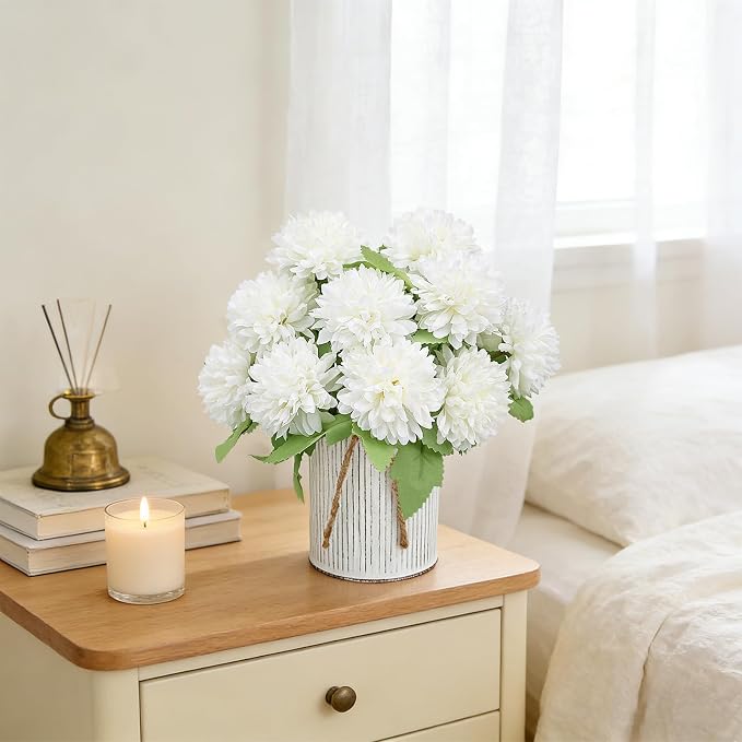 Pre-Made Flower Table Centerpieces, Set of 6 Artificial Silk Chrysanthemum with Farmhouse Metal Vases for Wedding, Birthday Parties, Home, Dining Table Decorations - Ivory White