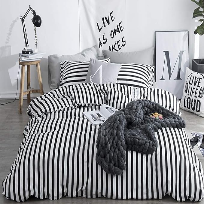 KAREVER White Black Stripes Comforter Set King Women Bedding Set Soft Durable White Striated Bedding Set