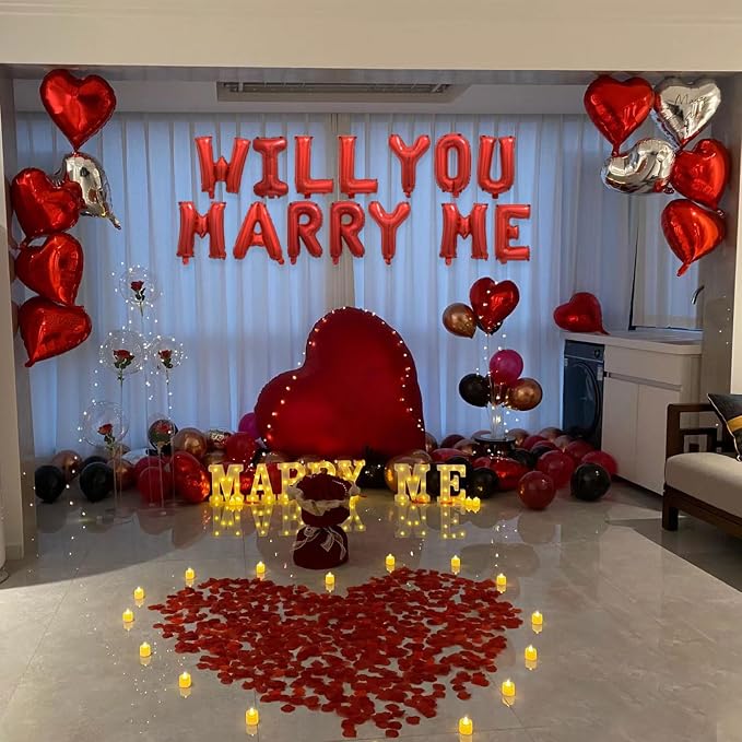 2 Set Red WILL YOU MARRY ME Balloons - 28pcs 16" Letter Balloons 10pcs 18" Heart Balloons with 1200pcs Red Artificial Rose Petals Alphabet Foil Mylar Balloons for Valentines Day Decorations