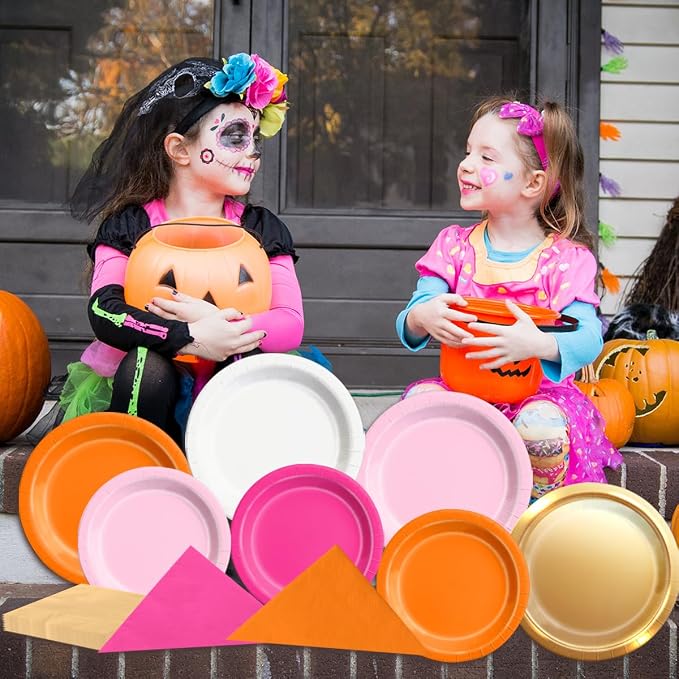 CMUSKO Pink and Orange Party Decorations - 150Pcs Sunset Tropical Plates and Napkins Pink Pumpkin Halloween Tableware Serves 50 for Birthday,Baby Shower, Bachelorette Party