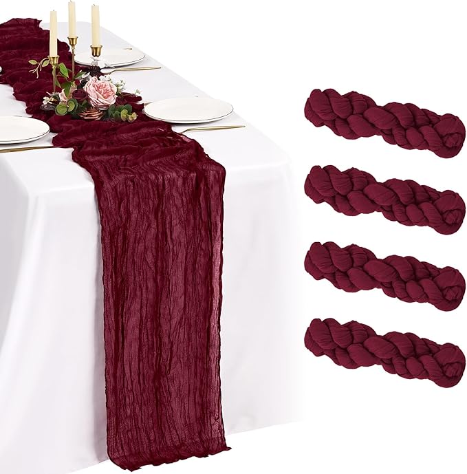 4 Pack Cheesecloth Table Runner 10FT Burgundy Red Table Runner Boho Gauze Cheese Cloth Table Runners Long Rustic Sheer Table Decorations for Wedding Party Baby Bridal Shower Birthday Holiday Home
