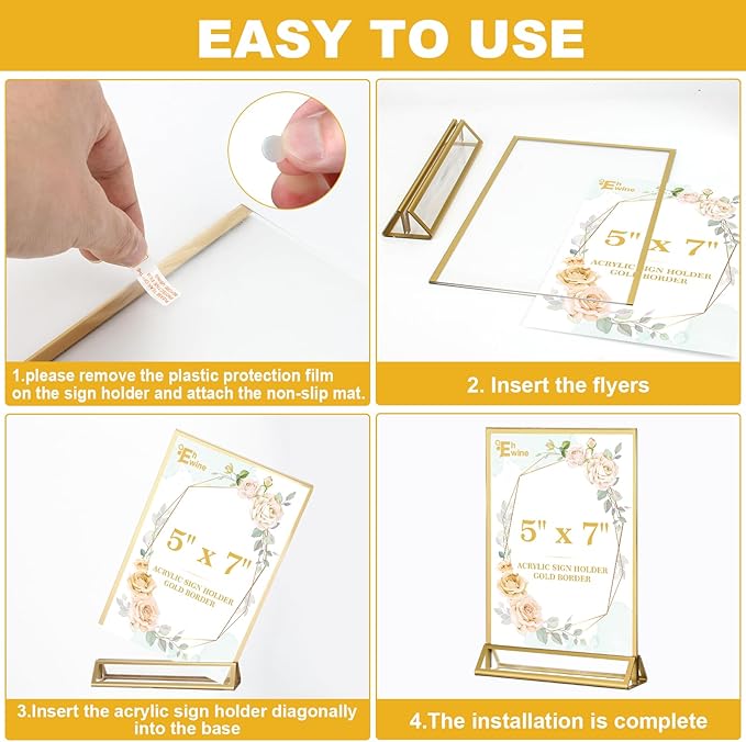 EHWINE 8 Pack 5×7 Clear Acrylic Sign Holder with Gold Borders and Vertical Stand, Double Sided Table Menu Holders Picture Frames for Wedding Table Numbers, Restaurant Signs, Photos and Art Display
