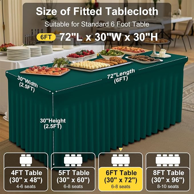 Smiry Spandex Tablecloth 2 Pack, Elastic Fitted Stretch Tablecloth for 6FT Rectangle Tables, Waterproof Washable Table Cover Skirt for Wedding, Banquet & Parties (Blackish Green, 72Lx30Wx30H Inch)