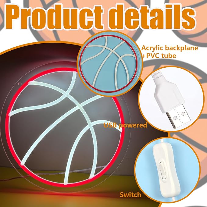 Basketball Neon Sign, Basketball Led Neon Light, Dimmable LED Neon Signs for Wall Decor, Powered by USB Wall Decor Aesthetic, Sports Neon Signs for Room Bedroom Shop Decor