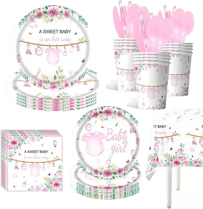 161 Pink Baby Shower Plates and Napkins A Sweet Baby Is On His Way for Gender Reveal Party Supplies Serve 20