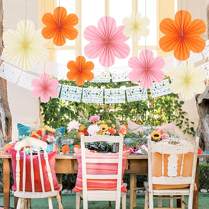 DODOKIM Paper Fans Party Decorations Paper Flowers Decorations for Wall Floral Backdrop Classroom Baby Shower Birthday Party Flower Wall Decor Pack of 9 Pink Orange Ivory