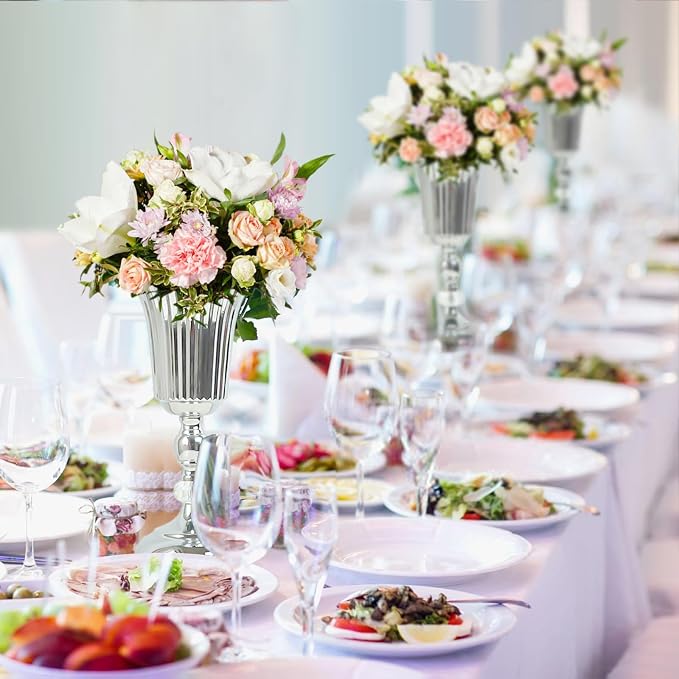 11.6 inches Metal Wedding Flower Trumpet Stripe Vases Table Centerpieces for Artificial Flower,Arrangements Anniversary Celebration/Wedding/Party/Birthday Event Aisle Home Decor (Silver, 6pcs)