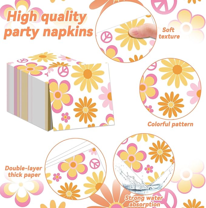 96 Pcs Groovy Party Supplies for 24 Guests Retro Hippie Boho Tableware Plates Napkins Daisy Flower Birthday Dinnerware Table Decorations Retro Hippie Daisy Party Favor for Kitchen Dinning Home Decor