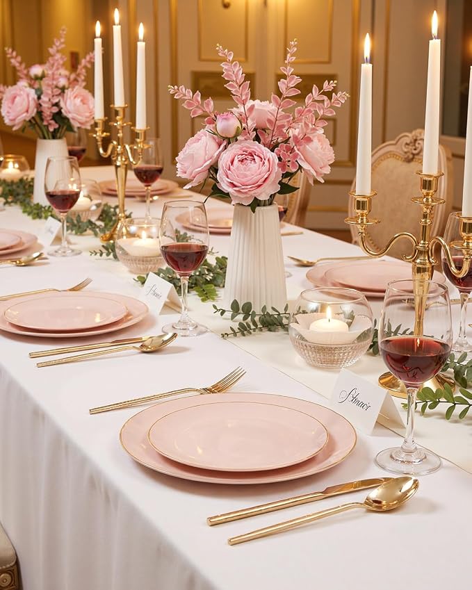 bUCLA 100PCS Pink Plastic Plates - Pink Disposable with Gold Rim - Include 50 Each (10 inch Dinner & 7 inch Dessert) Plates, Ideal for Party, Wedding & Birthday