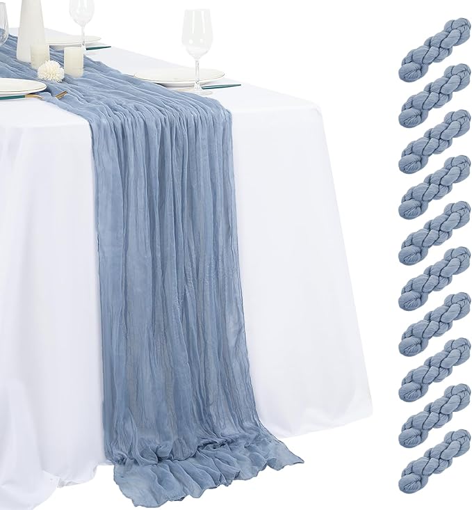10 Pack Dusty Blue Cheesecloth Table Runner 17x108 Inch Semi Sheer Boho Gauze Cheese Cloth Table Runners, for Wedding Bridal Shower Birthday Party Home Decor Garden Farmhouse
